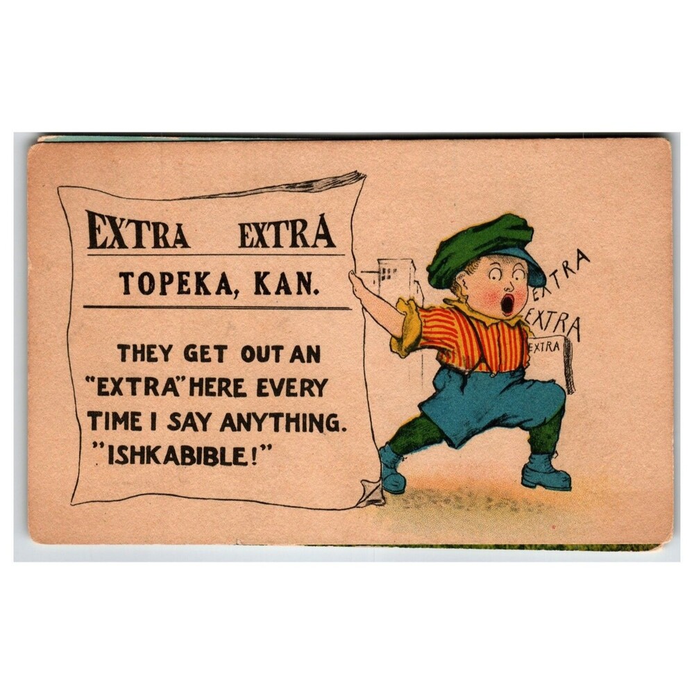 Vintage Topeka, Kan. "Ishkabible!" Newsboy Cartoon Postcard Zercher Co.
